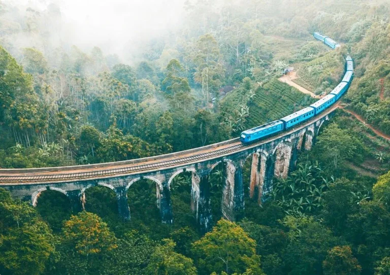 Green hills and winding railway near Ella, shown by 360 Tours Lanka