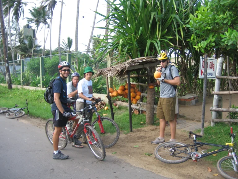 Cyclists with their bicycles beside a roadside stall on an Action Lanka trip