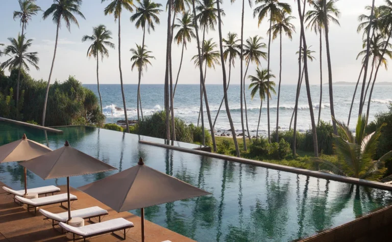 Infinity pool and palms overlooking the ocean at Amanwella in Tangalle.