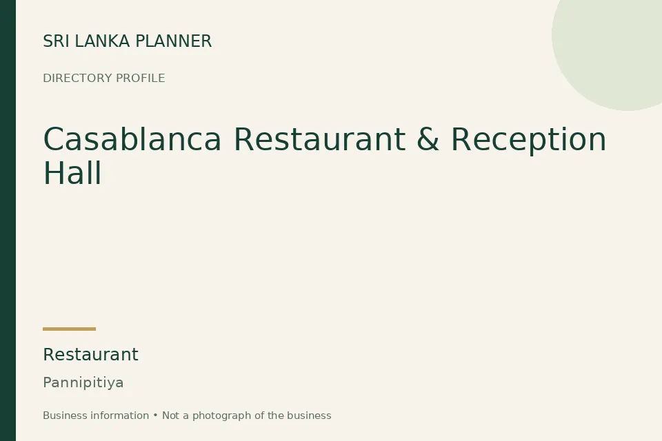 Directory cover for Casablanca Restaurant & Reception Hall in Pannipitiya, Sri Lanka