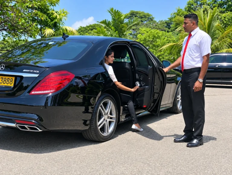 Driver standing beside a black car while a passenger enters the rear seat