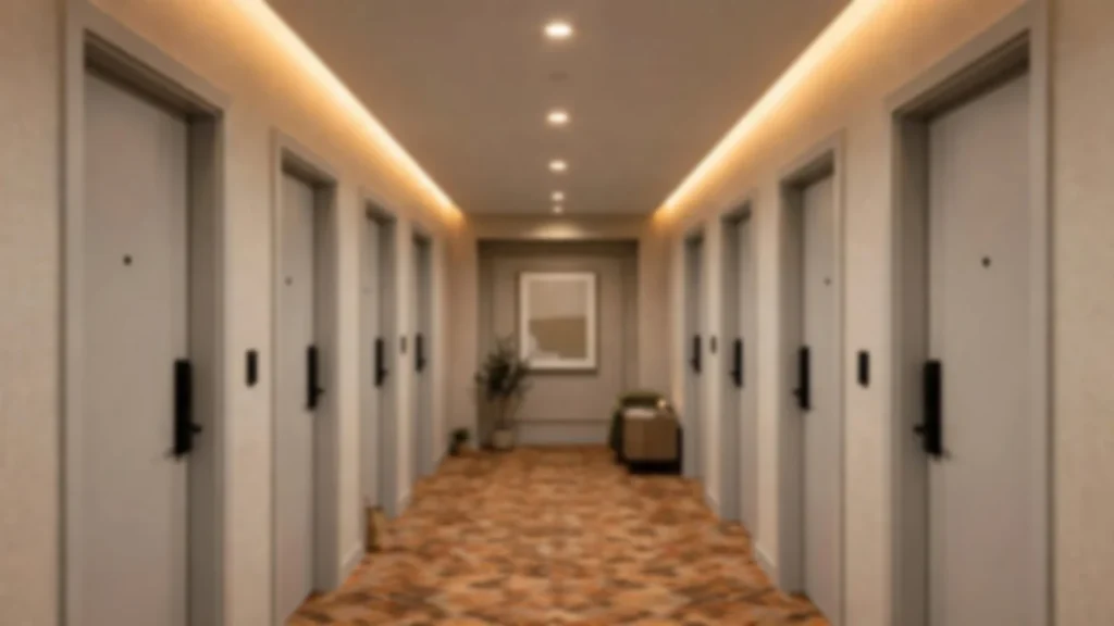 Hotel corridor lined with guest-room doors and warm ceiling lights
