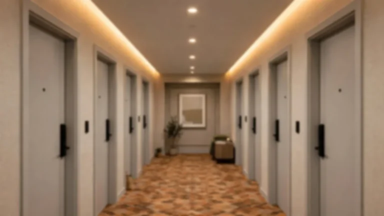 Hotel corridor lined with guest-room doors and warm ceiling lights