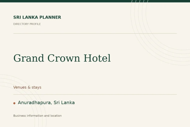 Directory cover for Grand Crown Hotel in Anuradhapura, Sri Lanka, showing the business name and category.