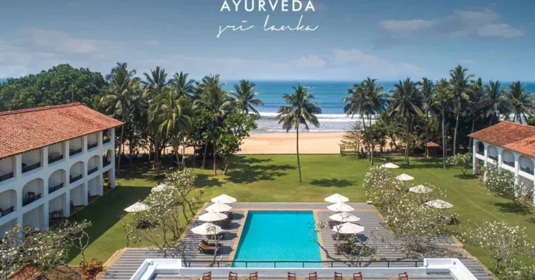 Pool, gardens and beachfront buildings at Heritance Ayurveda Maha Gedara.