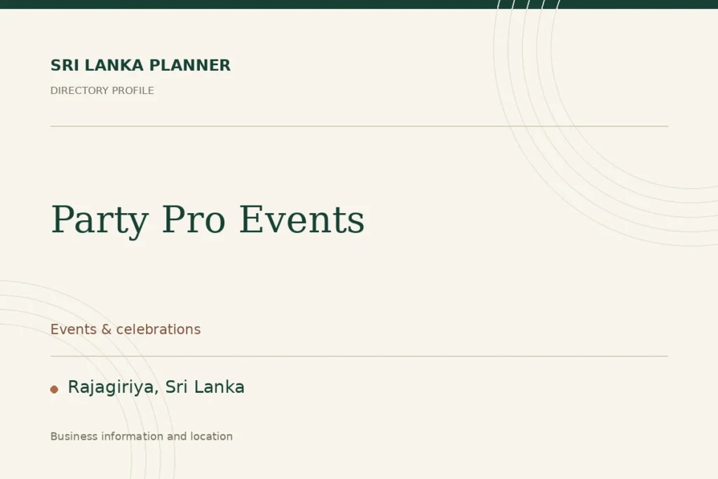 Directory cover for Party Pro Events in Rajagiriya, Sri Lanka, showing the business name and category.