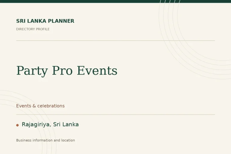 Directory cover for Party Pro Events in Rajagiriya, Sri Lanka, showing the business name and category.