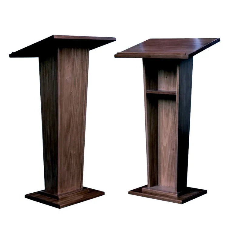 Front and rear views of a wooden lectern offered by Pixelworld